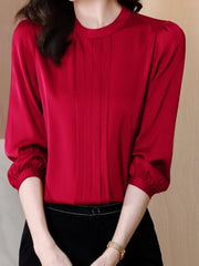 Pleated Long Sleeve Round Neck Shirt