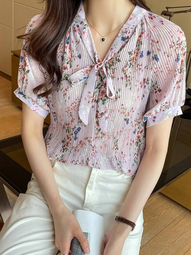 Floral Chiffon Short Sleeve Bow Tie Lace Up Shirt