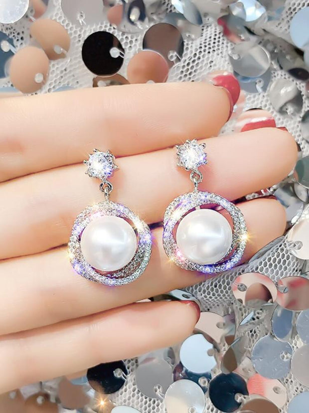925 Silver Needle Diamond Pearl Earrings