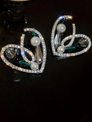 Silver Needle Diamond Crystal Pearl Love Earrings