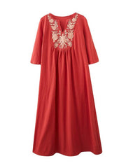 V-Neck Cotton Linen Embroidered Dress