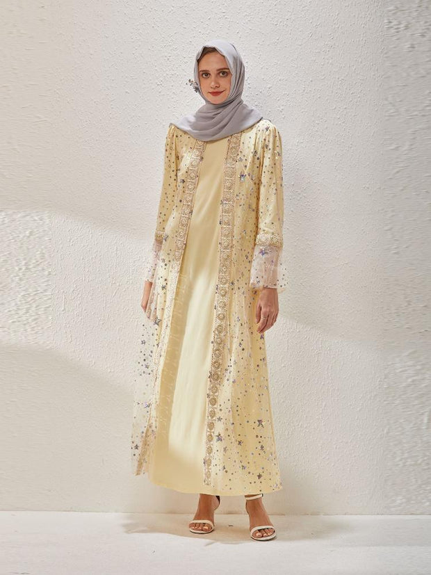 Fake Two Sequin Embroidered Long Sleeved Abaya