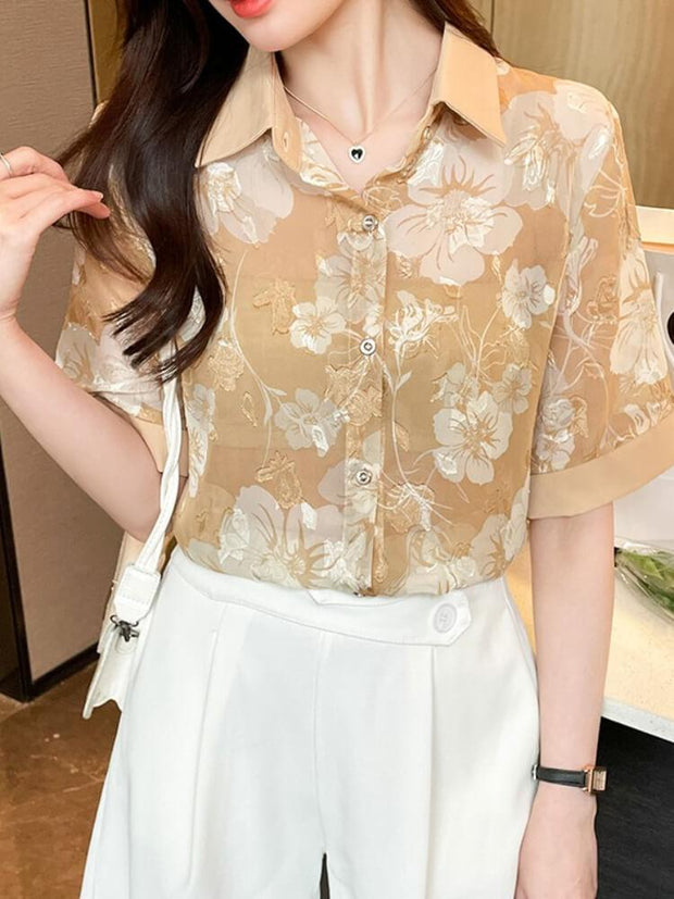 Women's Floral Short Sleeved Chiffon Shirt