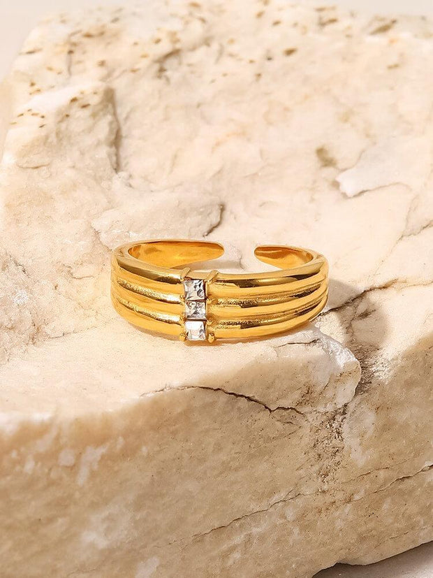 18K Gold Stainless Steel Wide Three Diamond Ring