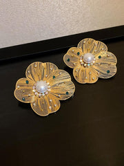 925 Silver Needle Pearl Zircon Crystal Petal Earrings