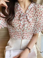 Floral Short Sleeved Chiffon Shirt Bow Shirt