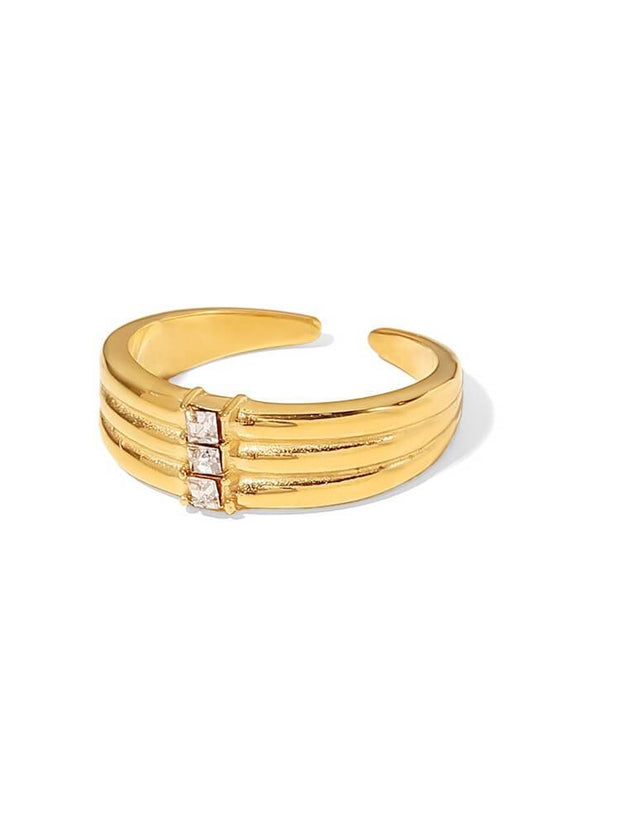 18K Gold Stainless Steel Wide Three Diamond Ring