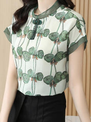 Short Sleeve Button Up Stand Collar Printed Shirt
