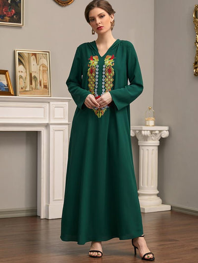 Women's V-neck Floral Embroidery Hoodie Abaya Dress