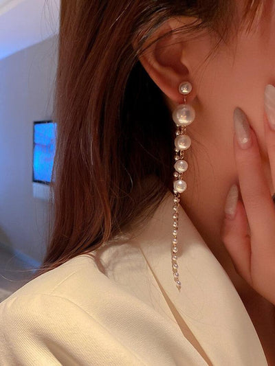 Diamond Studded Pearl Tassel Earrings