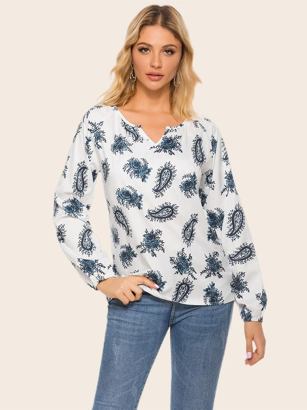 Printed Half Open Neck T-shirt Long Sleeve Top