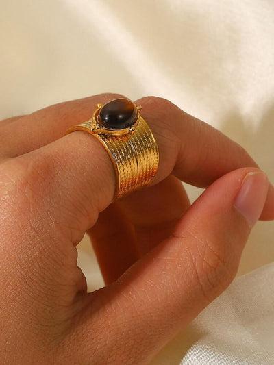 18K Gold Stone Tiger Bead Open Ring