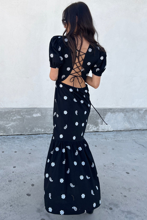 Black Embroidered Lace-up Back Dress