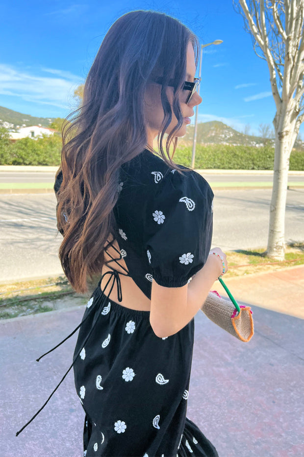 Black Embroidered Lace-up Back Dress