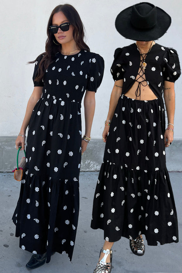 Black Embroidered Lace-up Back Dress