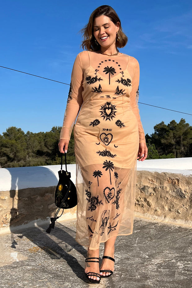 Embellished Mesh Tattoo Dress