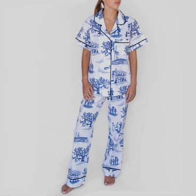 New Orleans Toile Pajama Set - Short Sleeve/Pants - Navy