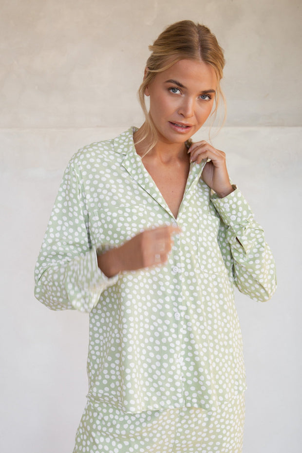 Annabel Long Pyjama Set - Reverse Dot Sage Green