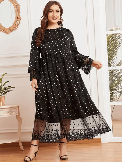 Women's Dot Printed Lace Jalabiya Dress