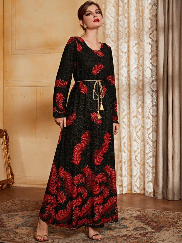 Women's Printed Lace Up Jalabiya Dress