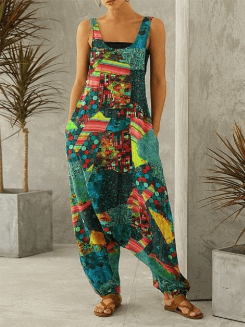 Women Fashion Summer Harem Overall Vintage Sleeveless Straps Jumpsuit