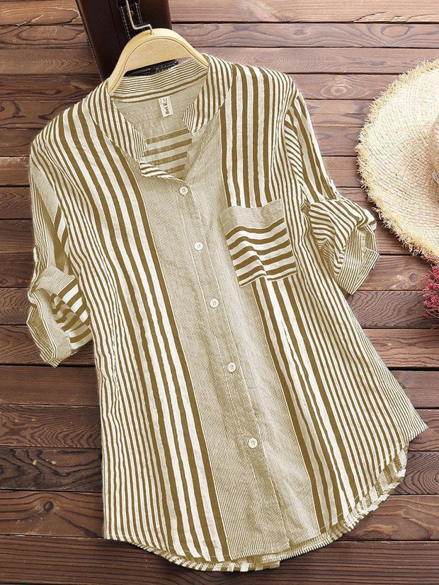 Patchwork Stripe Print Stand Collar Irregular Casual Long Sleeve Shirt