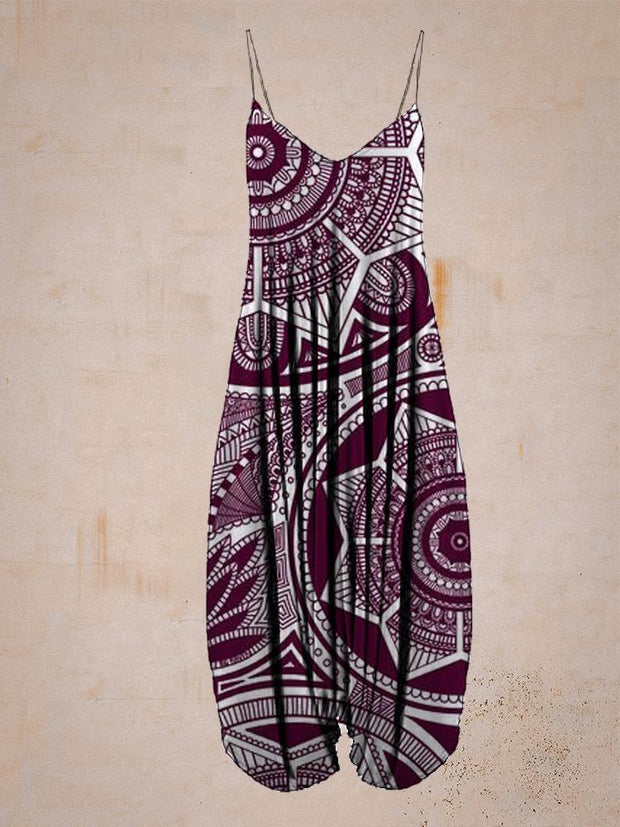 Women Spiral Pattern Print Sleeveless Harem Jumpsuit